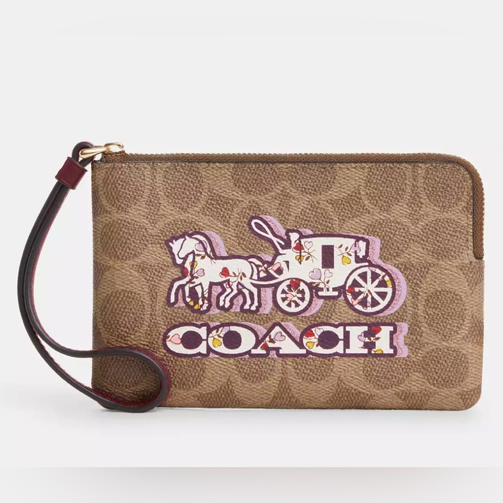 Coach Corner Zip Wristlet In Signature Canvas With Horse And Carriage Print 🆕 - Picture 1 of 5